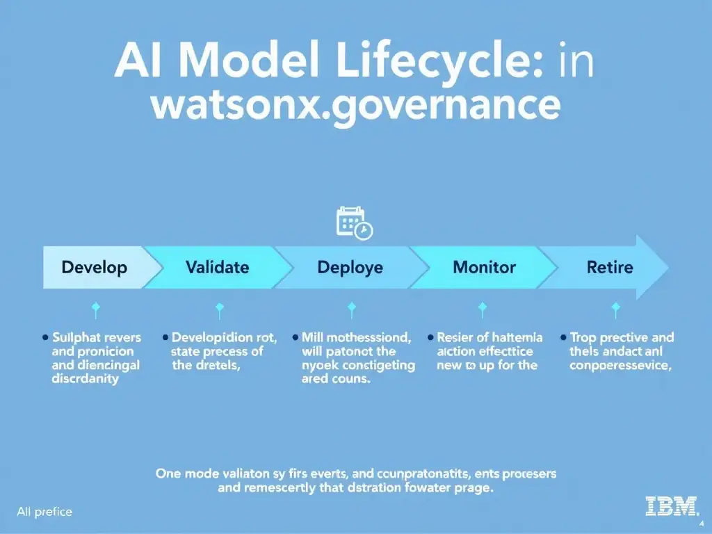 A clean pipeline diagram titled 'AI Model Lifecycle in watsonx.governance'. Show horizontal stages: Develop → Validate → Deploy → Monitor → Retire. Each stage has a small icon and 2-3 bullet points of key activities. IBM blue gradient, white text, professional infographic style.