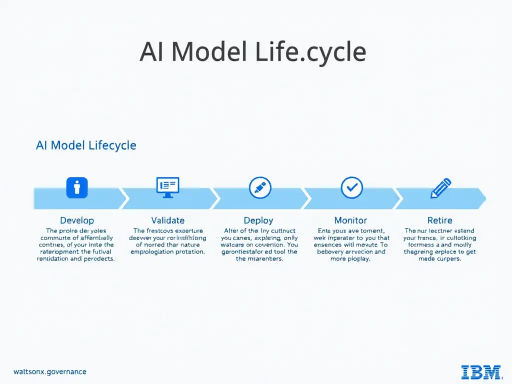 A clean pipeline diagram titled 'AI Model Lifecycle in watsonx.governance'. Show horizontal stages: Develop → Validate → Deploy → Monitor → Retire. Each stage has a small icon and 2-3 bullet points of key activities. IBM blue gradient, white text, professional infographic style.