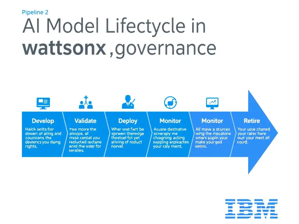 A clean pipeline diagram titled 'AI Model Lifecycle in watsonx.governance'. Show horizontal stages: Develop → Validate → Deploy → Monitor → Retire. Each stage has a small icon and 2-3 bullet points of key activities. IBM blue gradient, white text, professional infographic style.