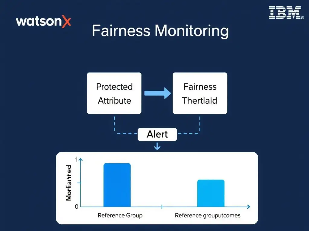 A clean technical infographic titled 'watsonx.governance Fairness Monitoring'. Show a flowchart with boxes labeled: Protected Attribute → Reference Group → Fairness Threshold → Alert. Include a bar chart comparing monitored vs. reference group outcomes. Dark navy background, IBM blue accent colors, white text labels, minimal professional style.