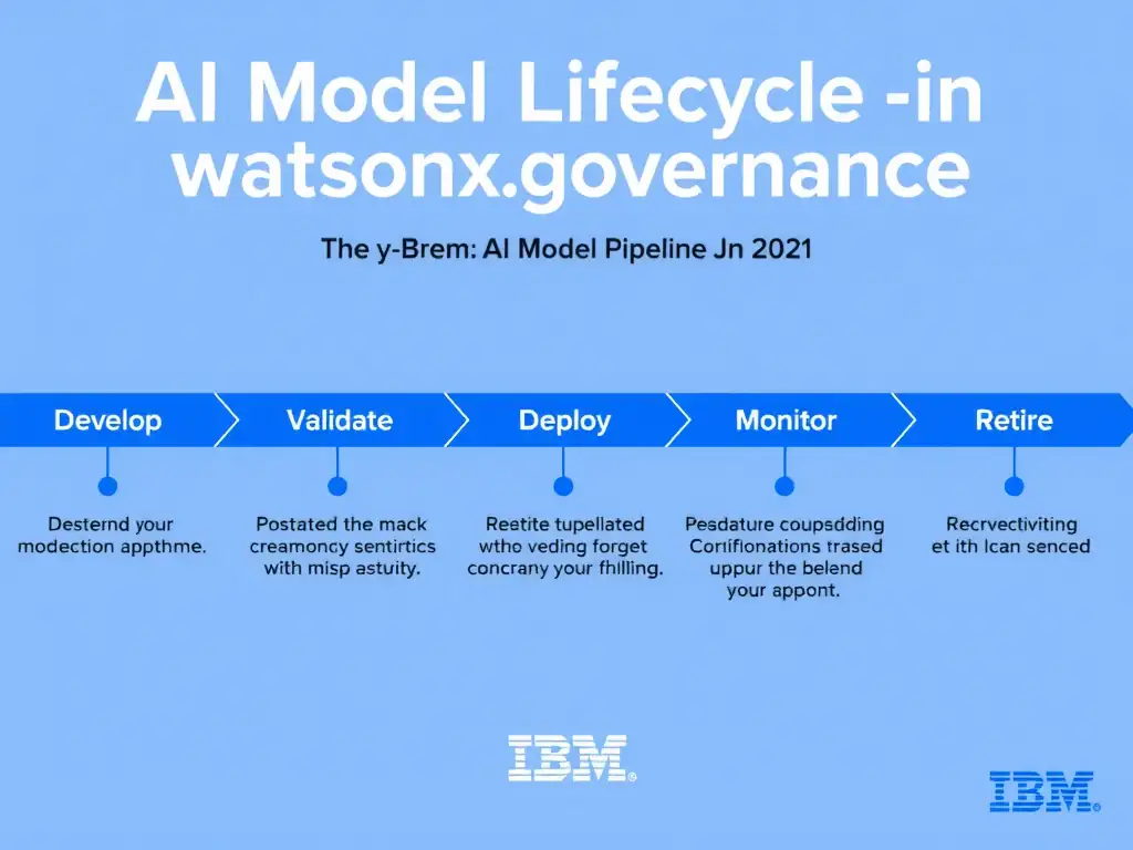 A clean pipeline diagram titled 'AI Model Lifecycle in watsonx.governance'. Show horizontal stages: Develop → Validate → Deploy → Monitor → Retire. Each stage has a small icon and 2-3 bullet points of key activities. IBM blue gradient, white text, professional infographic style.