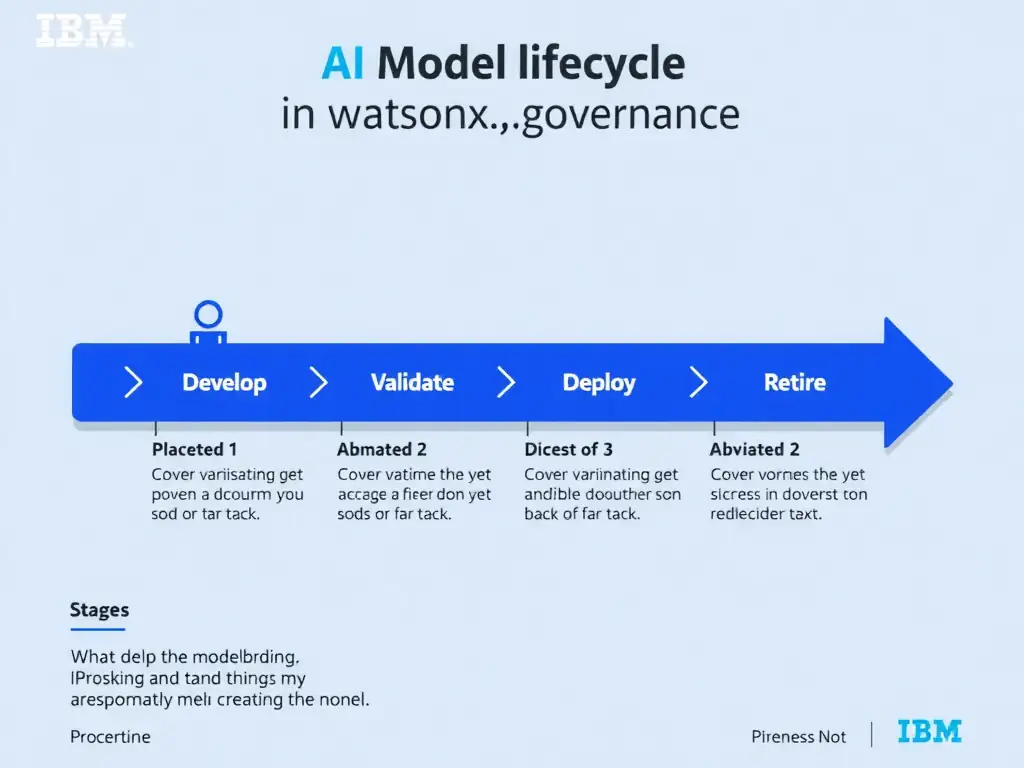 A clean pipeline diagram titled 'AI Model Lifecycle in watsonx.governance'. Show horizontal stages: Develop → Validate → Deploy → Monitor → Retire. Each stage has a small icon and 2-3 bullet points of key activities. IBM blue gradient, white text, professional infographic style.