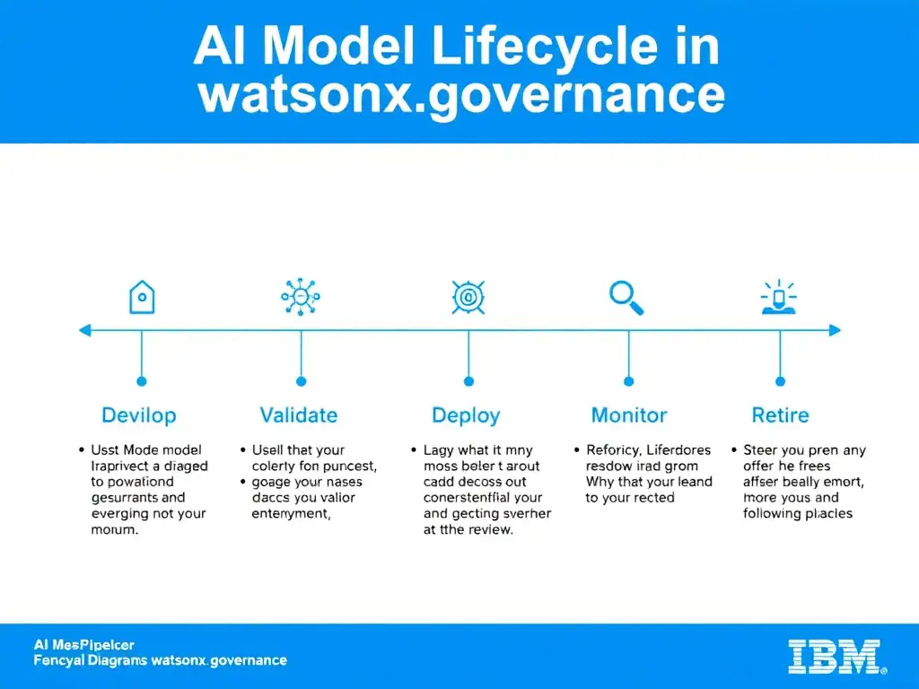 A clean pipeline diagram titled 'AI Model Lifecycle in watsonx.governance'. Show horizontal stages: Develop → Validate → Deploy → Monitor → Retire. Each stage has a small icon and 2-3 bullet points of key activities. IBM blue gradient, white text, professional infographic style.