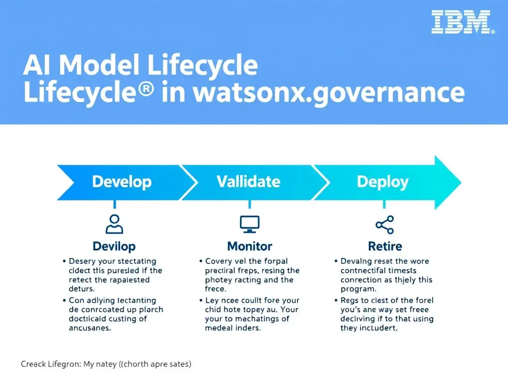 A clean pipeline diagram titled 'AI Model Lifecycle in watsonx.governance'. Show horizontal stages: Develop → Validate → Deploy → Monitor → Retire. Each stage has a small icon and 2-3 bullet points of key activities. IBM blue gradient, white text, professional infographic style.