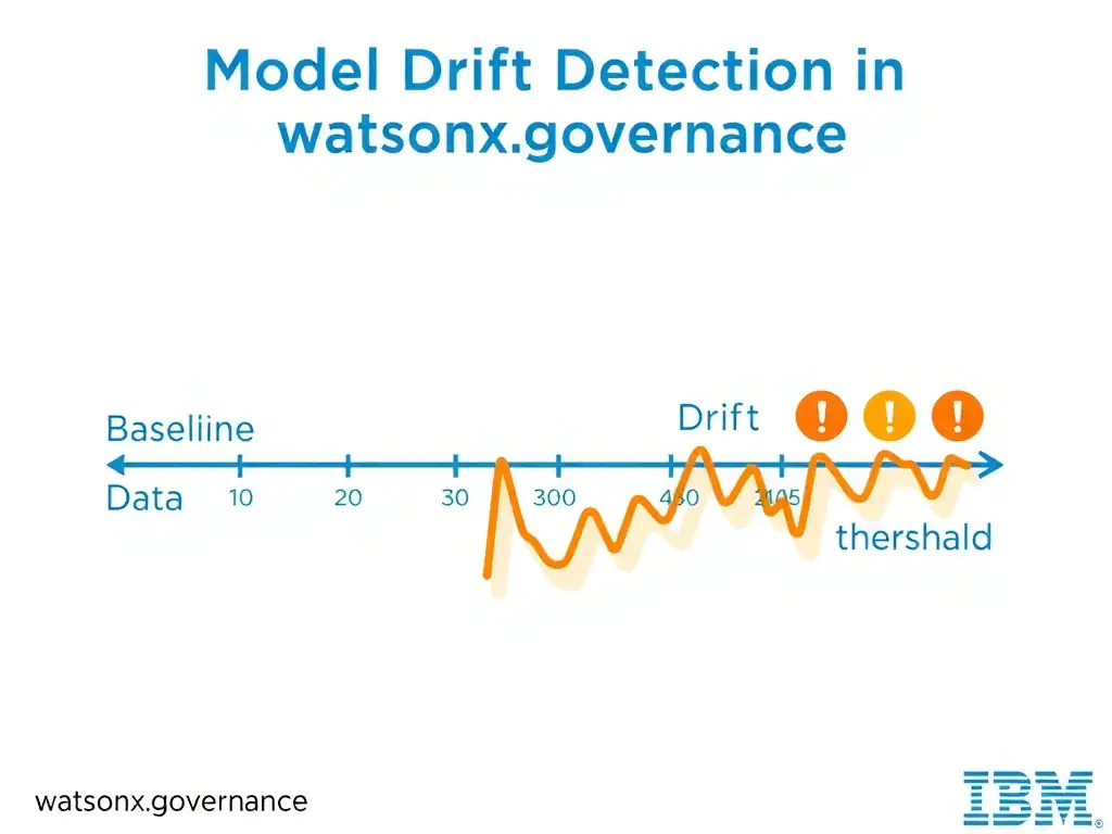 A technical diagram titled 'Model Drift Detection in watsonx.governance'. Show a timeline with baseline data on the left, a drift threshold line in the middle, and alert icons on the right. Include a line graph showing model performance degrading over time crossing the threshold. IBM blue and orange color scheme, white background, clean infographic style.