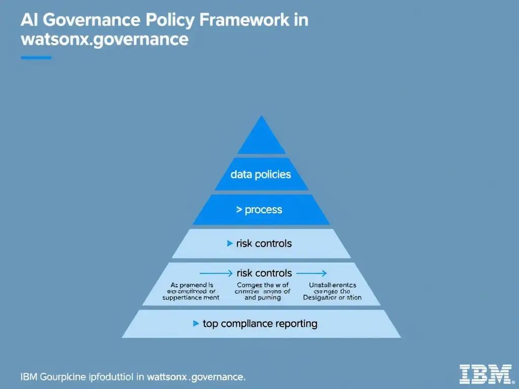 An infographic titled 'AI Governance Policy Framework in watsonx.governance'. Show a pyramid structure: Foundation (data policies) → Process (risk controls) → Top (compliance reporting). Each layer has labeled components. IBM blue and gray palette, clean professional layout.