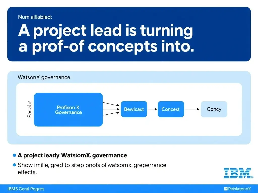A professional technical infographic for IBM watsonx.governance illustrating: A project lead is turning a proof of concept into. Show a structured diagram with labeled components, connecting arrows indicating workflow or relationships, and a clear visual hierarchy. IBM blue and white design system, clean sans-serif fonts, no human figures, technical and educational style.