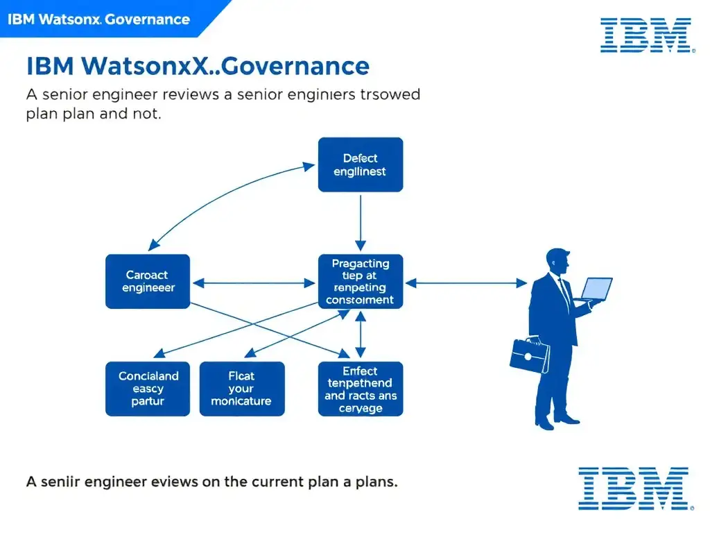 A professional technical infographic for IBM watsonx.governance illustrating: A senior engineer reviews the current plan and not. Show a structured diagram with labeled components, connecting arrows indicating workflow or relationships, and a clear visual hierarchy. IBM blue and white design system, clean sans-serif fonts, no human figures, technical and educational style.