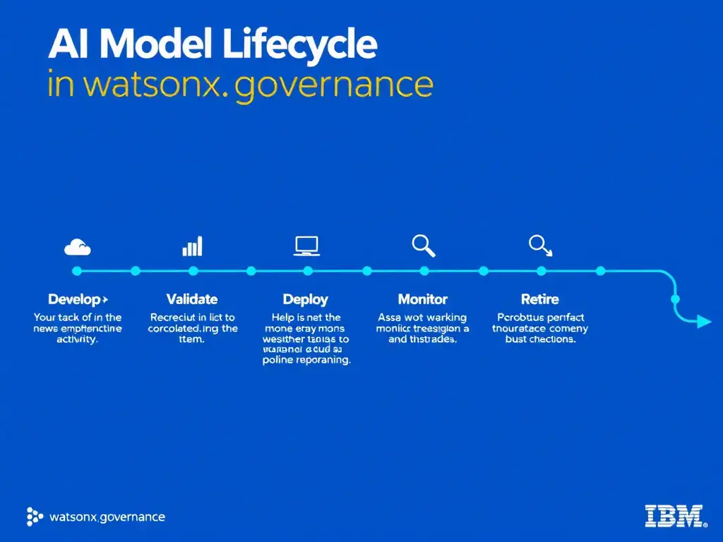 A clean pipeline diagram titled 'AI Model Lifecycle in watsonx.governance'. Show horizontal stages: Develop → Validate → Deploy → Monitor → Retire. Each stage has a small icon and 2-3 bullet points of key activities. IBM blue gradient, white text, professional infographic style.