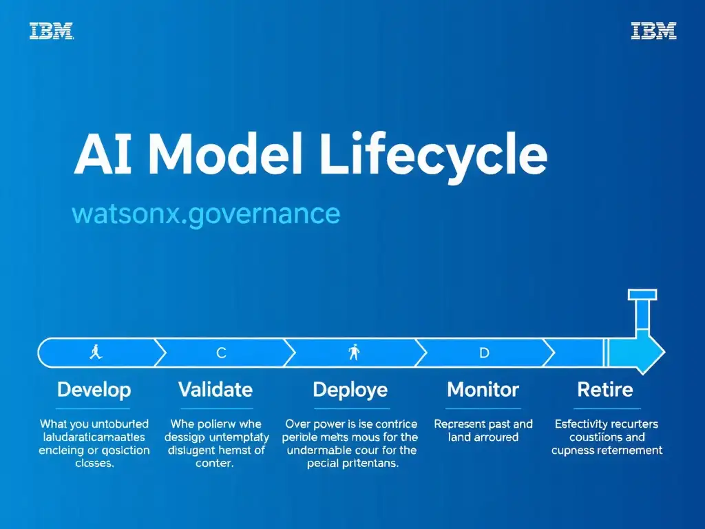 A clean pipeline diagram titled 'AI Model Lifecycle in watsonx.governance'. Show horizontal stages: Develop → Validate → Deploy → Monitor → Retire. Each stage has a small icon and 2-3 bullet points of key activities. IBM blue gradient, white text, professional infographic style.