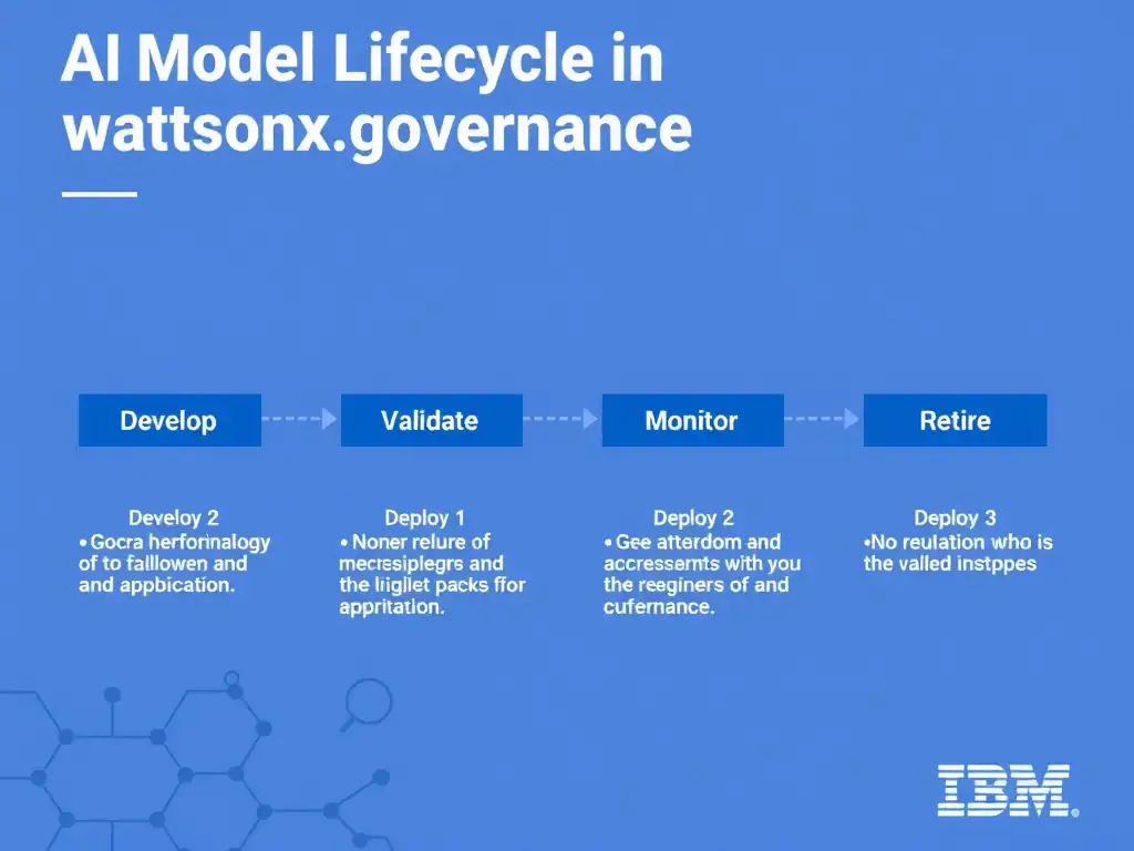 A clean pipeline diagram titled 'AI Model Lifecycle in watsonx.governance'. Show horizontal stages: Develop → Validate → Deploy → Monitor → Retire. Each stage has a small icon and 2-3 bullet points of key activities. IBM blue gradient, white text, professional infographic style.