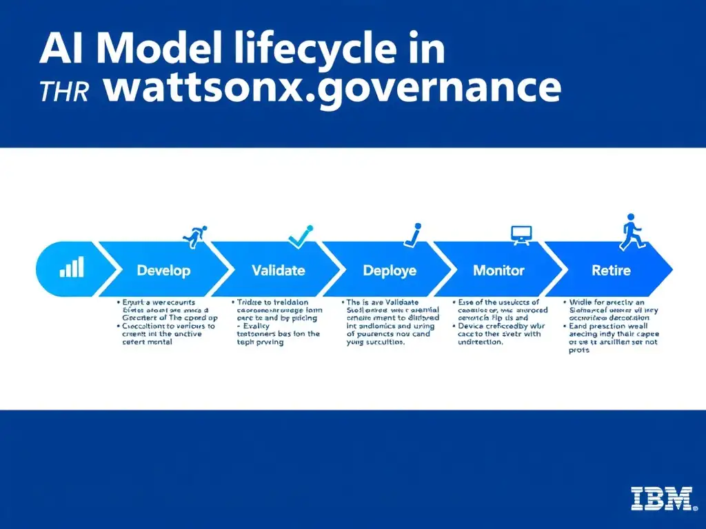 A clean pipeline diagram titled 'AI Model Lifecycle in watsonx.governance'. Show horizontal stages: Develop → Validate → Deploy → Monitor → Retire. Each stage has a small icon and 2-3 bullet points of key activities. IBM blue gradient, white text, professional infographic style.