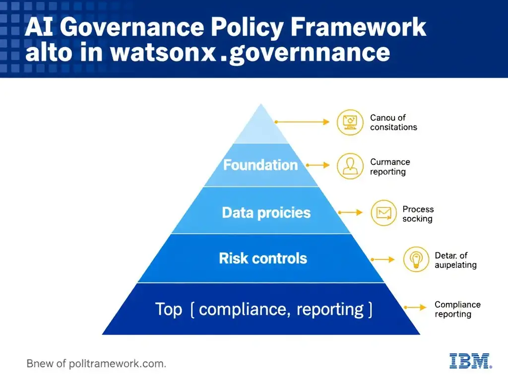 An infographic titled 'AI Governance Policy Framework in watsonx.governance'. Show a pyramid structure: Foundation (data policies) → Process (risk controls) → Top (compliance reporting). Each layer has labeled components. IBM blue and gray palette, clean professional layout.