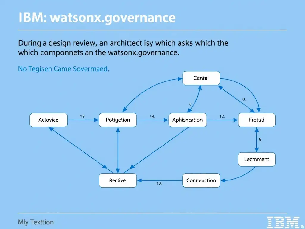 A professional technical infographic for IBM watsonx.governance illustrating: During a design review, an architect asks which ch. Show a structured diagram with labeled components, connecting arrows indicating workflow or relationships, and a clear visual hierarchy. IBM blue and white design system, clean sans-serif fonts, no human figures, technical and educational style.