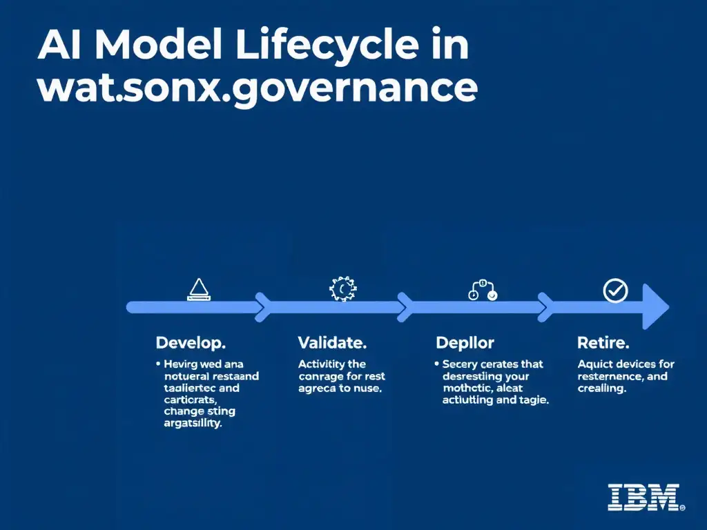 A clean pipeline diagram titled 'AI Model Lifecycle in watsonx.governance'. Show horizontal stages: Develop → Validate → Deploy → Monitor → Retire. Each stage has a small icon and 2-3 bullet points of key activities. IBM blue gradient, white text, professional infographic style.