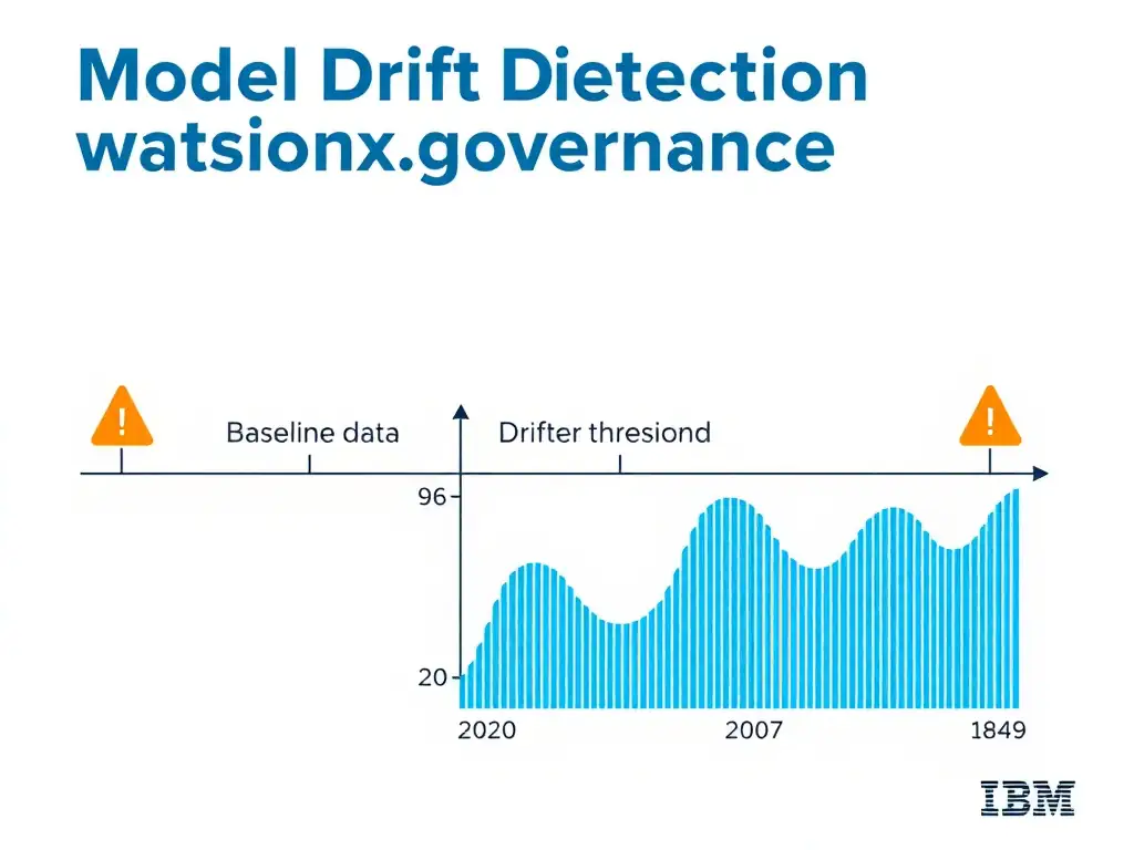 A technical diagram titled 'Model Drift Detection in watsonx.governance'. Show a timeline with baseline data on the left, a drift threshold line in the middle, and alert icons on the right. Include a line graph showing model performance degrading over time crossing the threshold. IBM blue and orange color scheme, white background, clean infographic style.