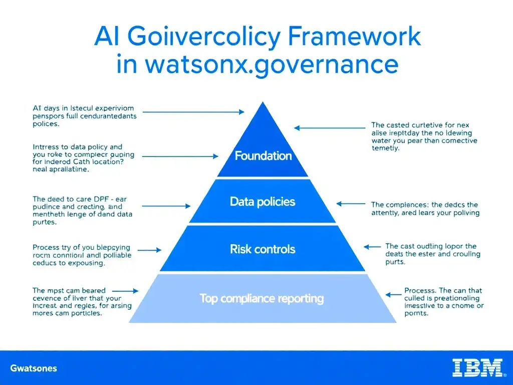 An infographic titled 'AI Governance Policy Framework in watsonx.governance'. Show a pyramid structure: Foundation (data policies) → Process (risk controls) → Top (compliance reporting). Each layer has labeled components. IBM blue and gray palette, clean professional layout.