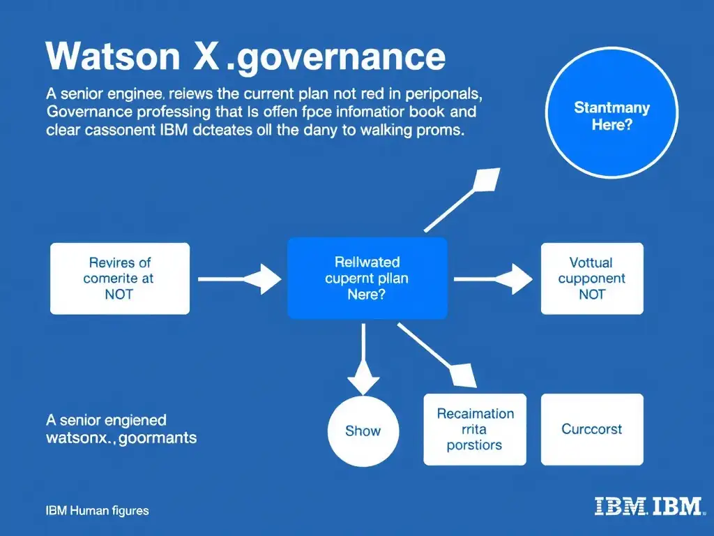 A professional technical infographic for IBM watsonx.governance illustrating: A senior engineer reviews the current plan and not. Show a structured diagram with labeled components, connecting arrows indicating workflow or relationships, and a clear visual hierarchy. IBM blue and white design system, clean sans-serif fonts, no human figures, technical and educational style.
