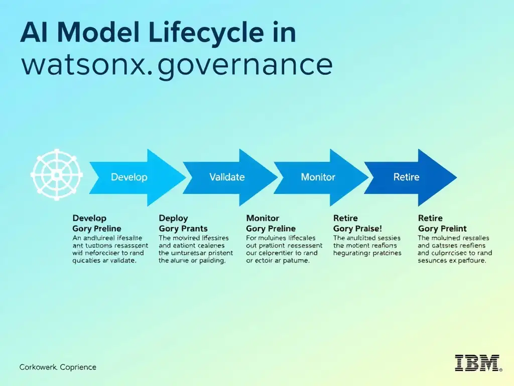 A clean pipeline diagram titled 'AI Model Lifecycle in watsonx.governance'. Show horizontal stages: Develop → Validate → Deploy → Monitor → Retire. Each stage has a small icon and 2-3 bullet points of key activities. IBM blue gradient, white text, professional infographic style.