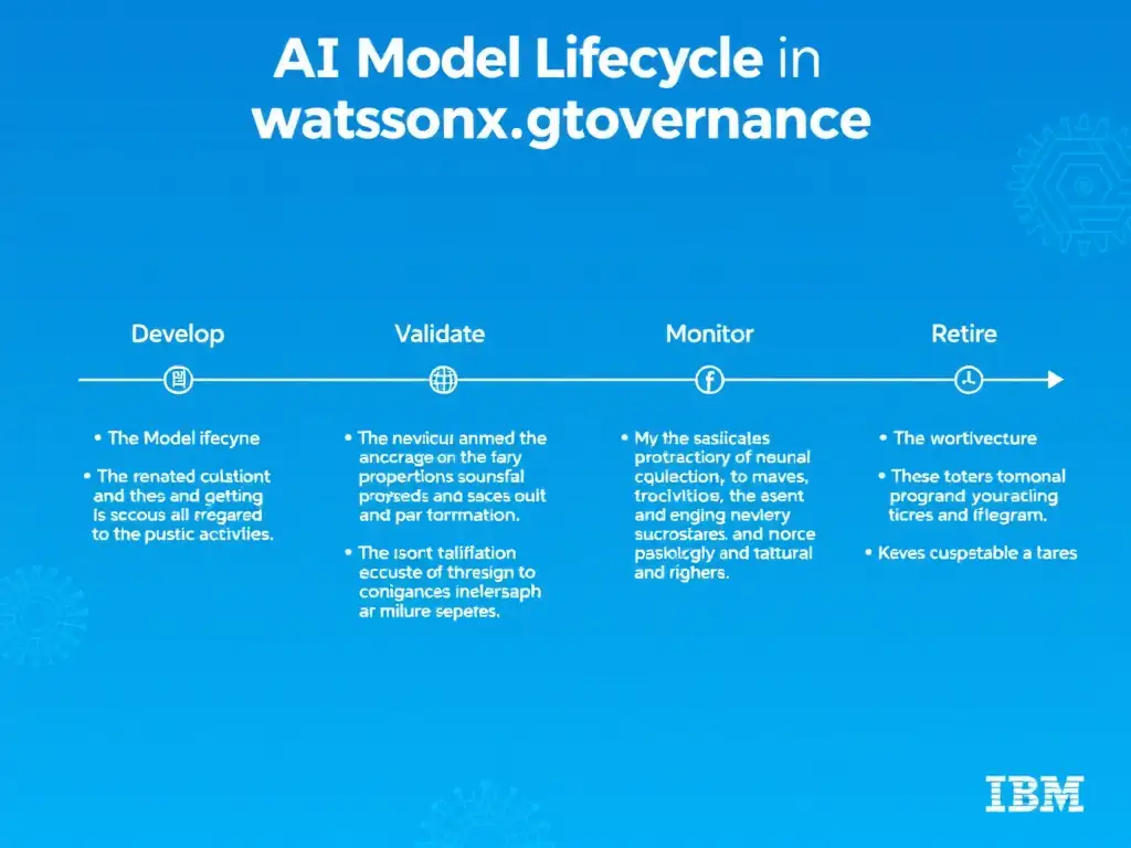 A clean pipeline diagram titled 'AI Model Lifecycle in watsonx.governance'. Show horizontal stages: Develop → Validate → Deploy → Monitor → Retire. Each stage has a small icon and 2-3 bullet points of key activities. IBM blue gradient, white text, professional infographic style.