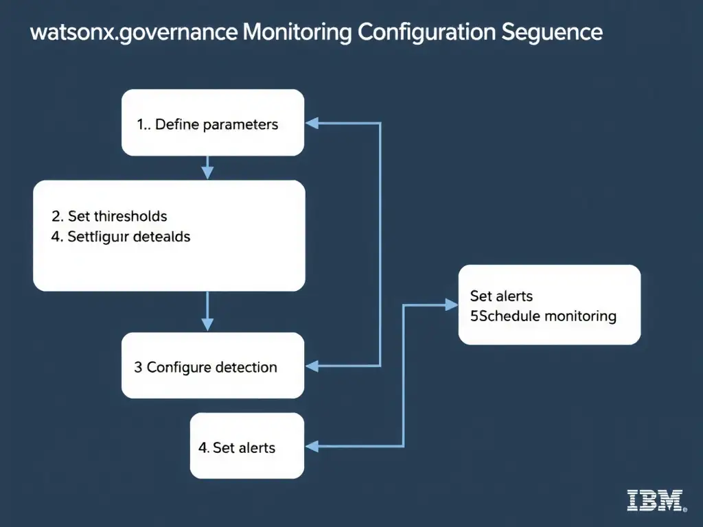 A technical flowchart titled 'watsonx.governance Monitoring Configuration Sequence'. Show numbered steps in connected boxes: 1) Define parameters, 2) Set thresholds, 3) Configure detection, 4) Set alerts, 5) Schedule monitoring. Arrow flow left to right. IBM design system colors.