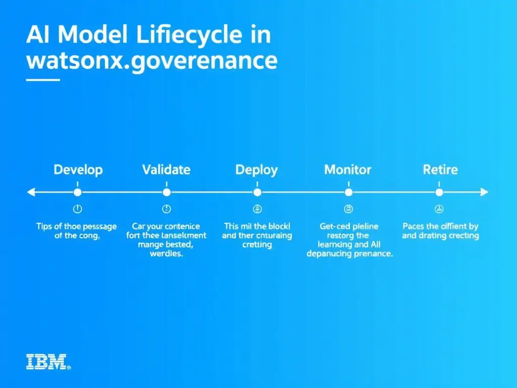 A clean pipeline diagram titled 'AI Model Lifecycle in watsonx.governance'. Show horizontal stages: Develop → Validate → Deploy → Monitor → Retire. Each stage has a small icon and 2-3 bullet points of key activities. IBM blue gradient, white text, professional infographic style.