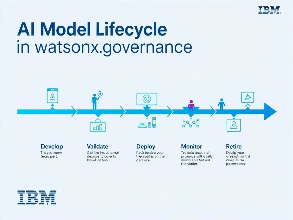 A clean pipeline diagram titled 'AI Model Lifecycle in watsonx.governance'. Show horizontal stages: Develop → Validate → Deploy → Monitor → Retire. Each stage has a small icon and 2-3 bullet points of key activities. IBM blue gradient, white text, professional infographic style.