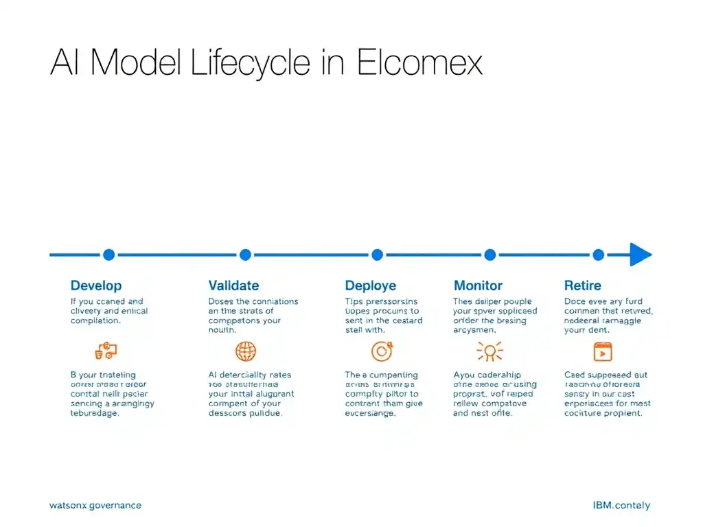 A clean pipeline diagram titled 'AI Model Lifecycle in watsonx.governance'. Show horizontal stages: Develop → Validate → Deploy → Monitor → Retire. Each stage has a small icon and 2-3 bullet points of key activities. IBM blue gradient, white text, professional infographic style.
