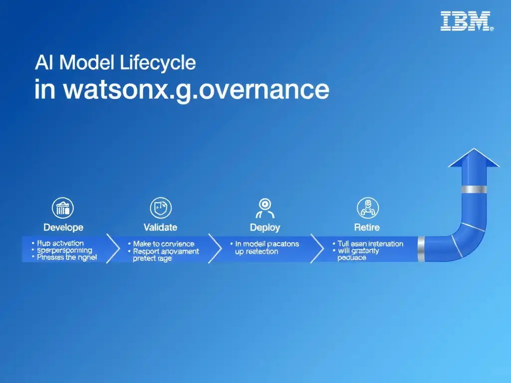A clean pipeline diagram titled 'AI Model Lifecycle in watsonx.governance'. Show horizontal stages: Develop → Validate → Deploy → Monitor → Retire. Each stage has a small icon and 2-3 bullet points of key activities. IBM blue gradient, white text, professional infographic style.