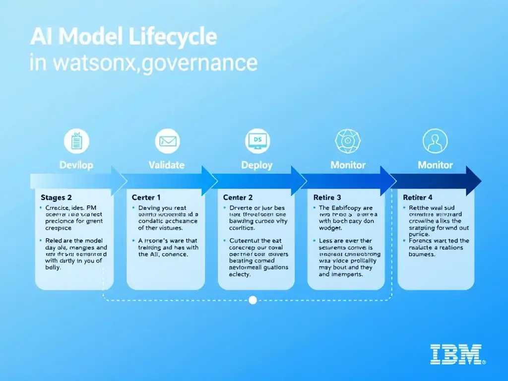 A clean pipeline diagram titled 'AI Model Lifecycle in watsonx.governance'. Show horizontal stages: Develop → Validate → Deploy → Monitor → Retire. Each stage has a small icon and 2-3 bullet points of key activities. IBM blue gradient, white text, professional infographic style.