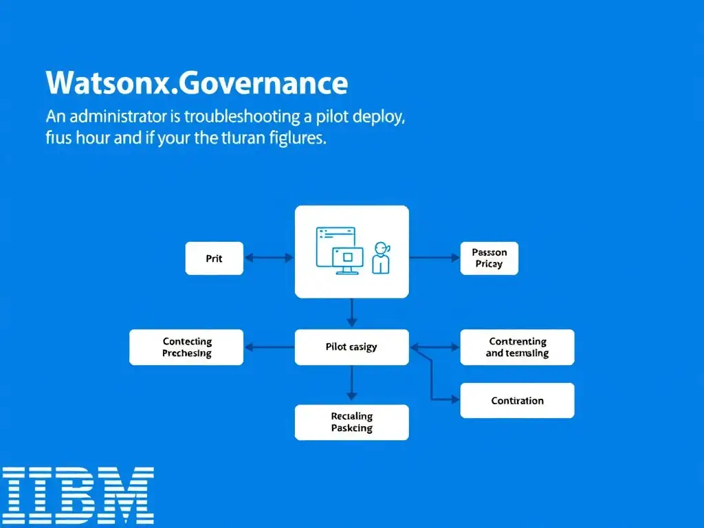 A professional technical infographic for IBM watsonx.governance illustrating: An administrator is troubleshooting a pilot deploy. Show a structured diagram with labeled components, connecting arrows indicating workflow or relationships, and a clear visual hierarchy. IBM blue and white design system, clean sans-serif fonts, no human figures, technical and educational style.