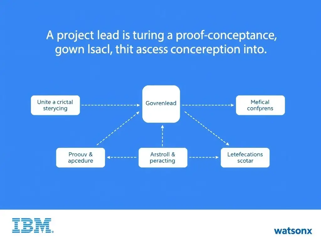 A professional technical infographic for IBM watsonx.governance illustrating: A project lead is turning a proof of concept into. Show a structured diagram with labeled components, connecting arrows indicating workflow or relationships, and a clear visual hierarchy. IBM blue and white design system, clean sans-serif fonts, no human figures, technical and educational style.