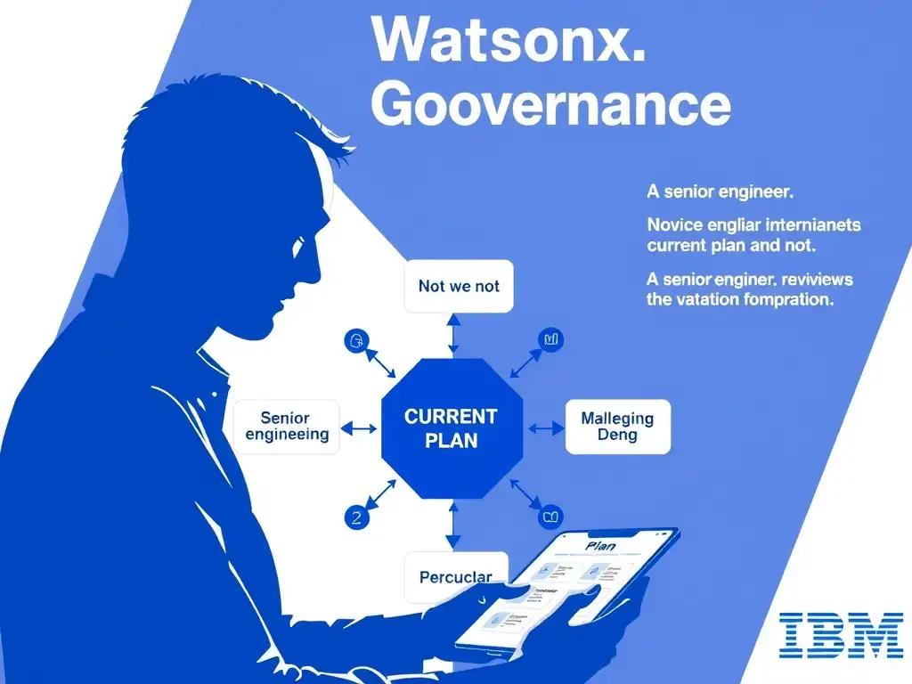 A professional technical infographic for IBM watsonx.governance illustrating: A senior engineer reviews the current plan and not. Show a structured diagram with labeled components, connecting arrows indicating workflow or relationships, and a clear visual hierarchy. IBM blue and white design system, clean sans-serif fonts, no human figures, technical and educational style.