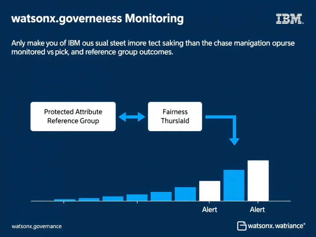 A clean technical infographic titled 'watsonx.governance Fairness Monitoring'. Show a flowchart with boxes labeled: Protected Attribute → Reference Group → Fairness Threshold → Alert. Include a bar chart comparing monitored vs. reference group outcomes. Dark navy background, IBM blue accent colors, white text labels, minimal professional style.