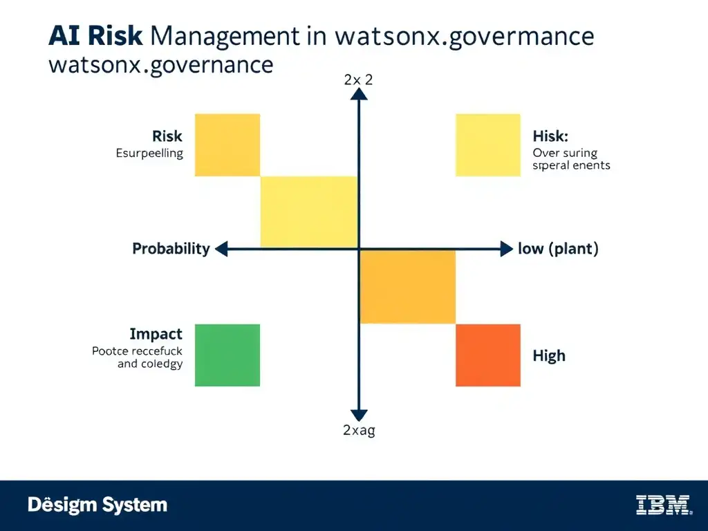 A risk assessment matrix infographic titled 'AI Risk Management in watsonx.governance'. Show a 2x2 grid with axes: Probability (low/high) and Impact (low/high). Risk categories labeled in each quadrant with color coding (green/yellow/orange/red). IBM design system, clean white background with colored quadrants.