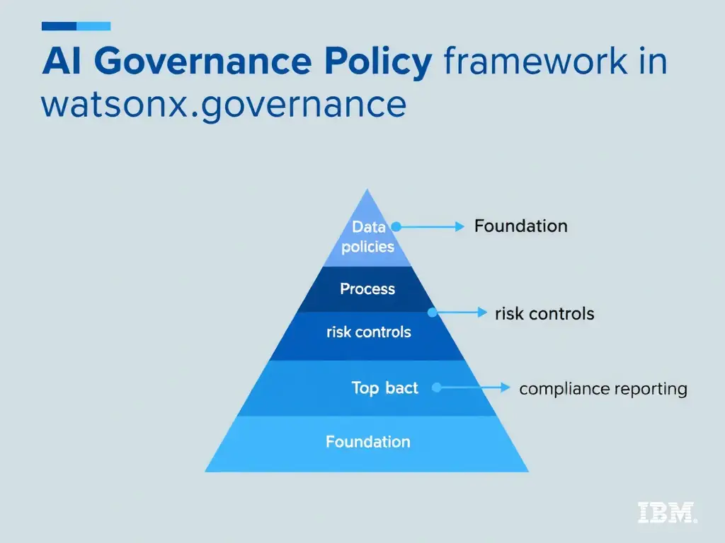 An infographic titled 'AI Governance Policy Framework in watsonx.governance'. Show a pyramid structure: Foundation (data policies) → Process (risk controls) → Top (compliance reporting). Each layer has labeled components. IBM blue and gray palette, clean professional layout.