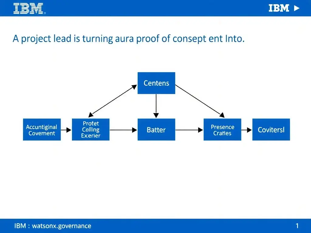 A professional technical infographic for IBM watsonx.governance illustrating: A project lead is turning a proof of concept into. Show a structured diagram with labeled components, connecting arrows indicating workflow or relationships, and a clear visual hierarchy. IBM blue and white design system, clean sans-serif fonts, no human figures, technical and educational style.