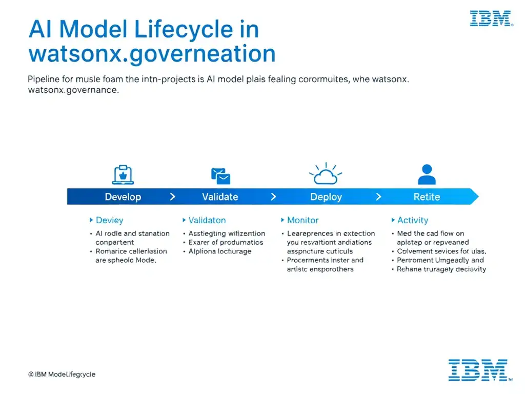 A clean pipeline diagram titled 'AI Model Lifecycle in watsonx.governance'. Show horizontal stages: Develop → Validate → Deploy → Monitor → Retire. Each stage has a small icon and 2-3 bullet points of key activities. IBM blue gradient, white text, professional infographic style.