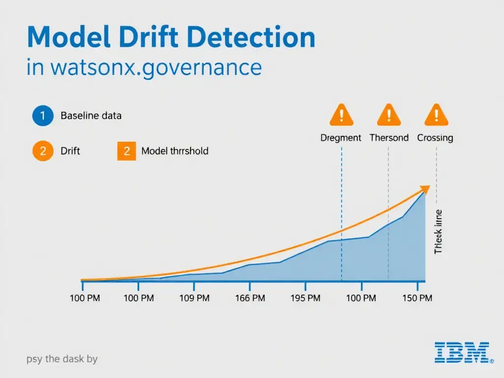 A technical diagram titled 'Model Drift Detection in watsonx.governance'. Show a timeline with baseline data on the left, a drift threshold line in the middle, and alert icons on the right. Include a line graph showing model performance degrading over time crossing the threshold. IBM blue and orange color scheme, white background, clean infographic style.