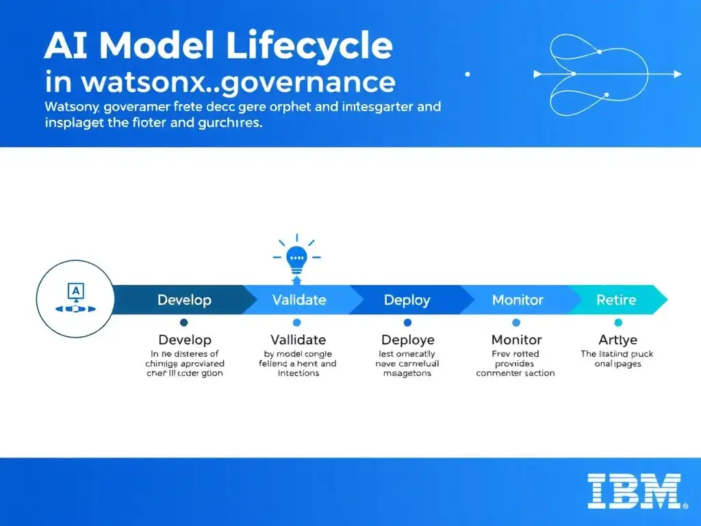 A clean pipeline diagram titled 'AI Model Lifecycle in watsonx.governance'. Show horizontal stages: Develop → Validate → Deploy → Monitor → Retire. Each stage has a small icon and 2-3 bullet points of key activities. IBM blue gradient, white text, professional infographic style.
