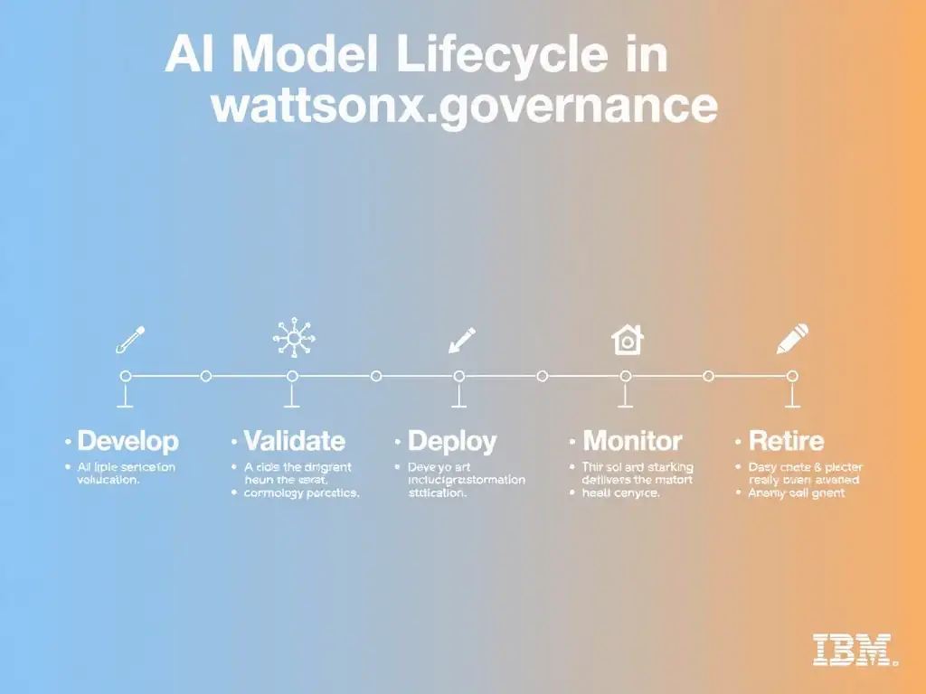 A clean pipeline diagram titled 'AI Model Lifecycle in watsonx.governance'. Show horizontal stages: Develop → Validate → Deploy → Monitor → Retire. Each stage has a small icon and 2-3 bullet points of key activities. IBM blue gradient, white text, professional infographic style.