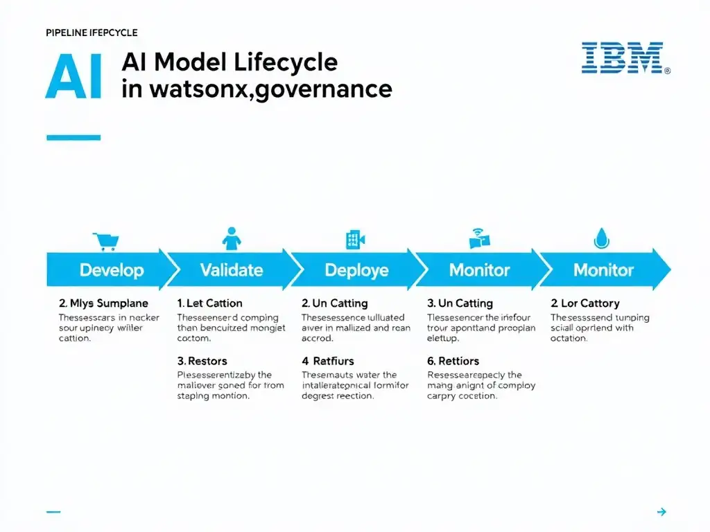 A clean pipeline diagram titled 'AI Model Lifecycle in watsonx.governance'. Show horizontal stages: Develop → Validate → Deploy → Monitor → Retire. Each stage has a small icon and 2-3 bullet points of key activities. IBM blue gradient, white text, professional infographic style.