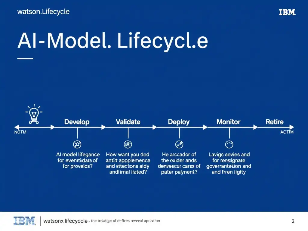 A clean pipeline diagram titled 'AI Model Lifecycle in watsonx.governance'. Show horizontal stages: Develop → Validate → Deploy → Monitor → Retire. Each stage has a small icon and 2-3 bullet points of key activities. IBM blue gradient, white text, professional infographic style.