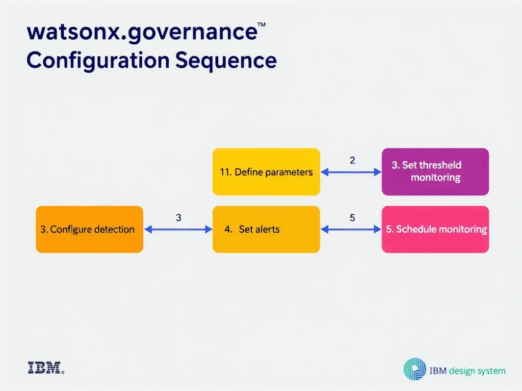 A technical flowchart titled 'watsonx.governance Monitoring Configuration Sequence'. Show numbered steps in connected boxes: 1) Define parameters, 2) Set thresholds, 3) Configure detection, 4) Set alerts, 5) Schedule monitoring. Arrow flow left to right. IBM design system colors.