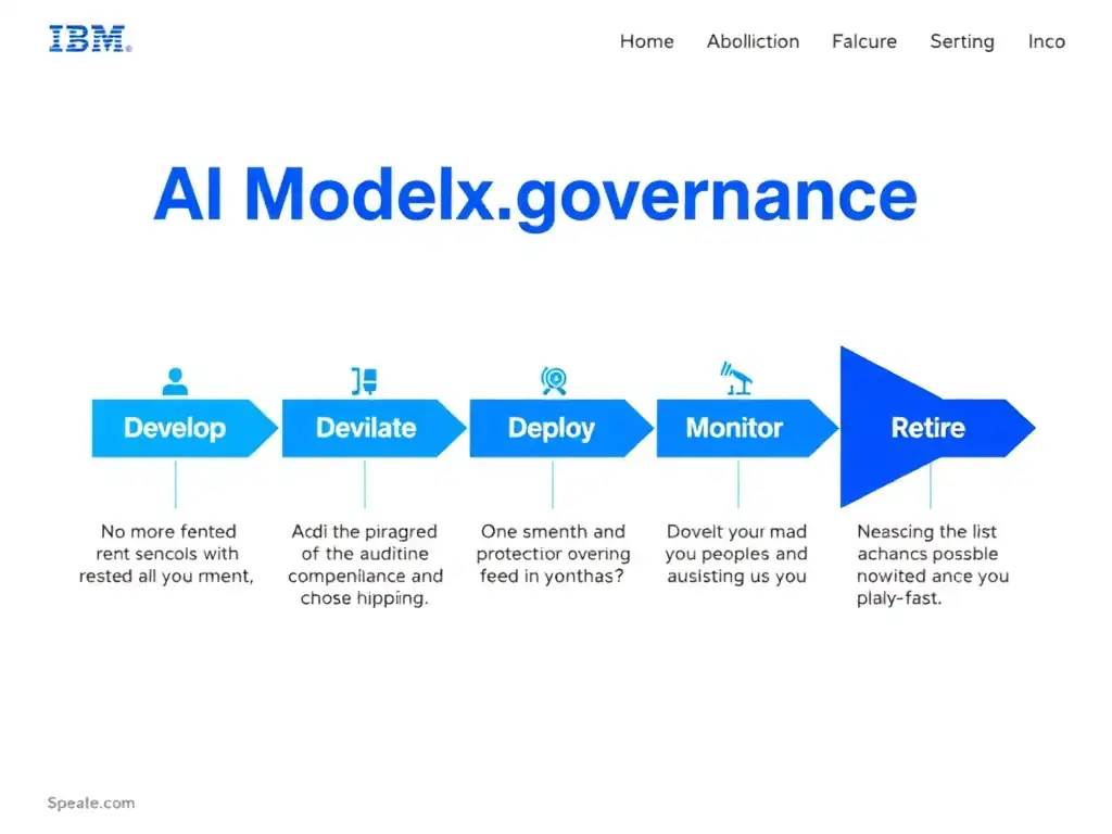 A clean pipeline diagram titled 'AI Model Lifecycle in watsonx.governance'. Show horizontal stages: Develop → Validate → Deploy → Monitor → Retire. Each stage has a small icon and 2-3 bullet points of key activities. IBM blue gradient, white text, professional infographic style.