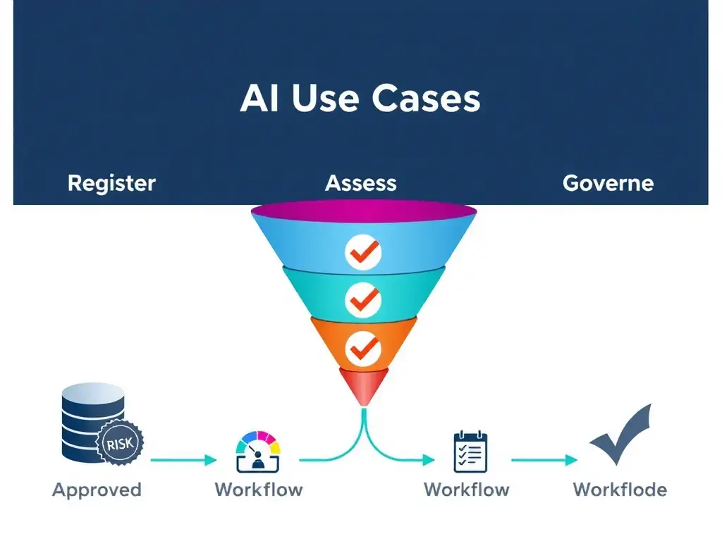 A structured dashboard view showing an AI use-case registry with columns for use case name, owner, risk level, assessment status, and governance workflow stage. Colored status badges (green=governed, yellow=in-review, red=unregistered) highlight the value of structured inventory versus an inset showing scattered sticky notes representing informal tracking. IBM blue header bar with the watsonx.governance logo anchors the layout, with arrows flowing from registration through assessment to governance approval.