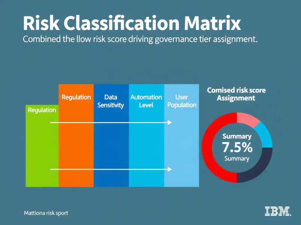 A five-axis radar chart labeled with Impact, Regulation, Data Sensitivity, Automation Level, and User Population overlaid on a risk heat map moving from green (low) to red (high). Two AI use cases are plotted — one high-risk showing full radar coverage and one incorrectly classified as low-risk with a minimal plot — demonstrating the consequence of single-metric classification. IBM-branded color scheme with annotation callouts pointing to each axis explaining its governance significance.
