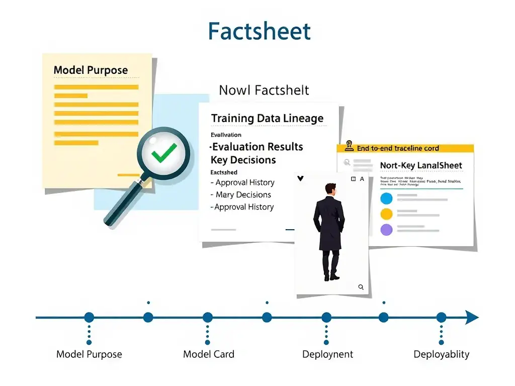 A split view showing an IBM watsonx.governance factsheet on the left — with sections for model purpose, data lineage, evaluation results, and key decisions — next to a blank slide deck on the right labeled 'Missing Evidence.' Flow arrows trace how factsheet entries connect to audit review, regulatory inquiry, and compliance sign-off. Warning icons flag the slide deck path at each point where evidence would be required but unavailable.
