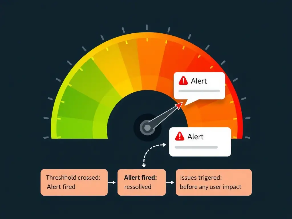 A monitoring dashboard timeline showing a model's fairness score trending downward, with a threshold line marked 'Alert Zone' crossed well before the 'Operational Damage' line at the bottom. An alert notification badge appears at the threshold crossing, routing to a named model owner with a remediation task. A second timeline labeled 'No Threshold Set' shows the same metric crossing into damage territory with no notification, illustrating the governance gap.