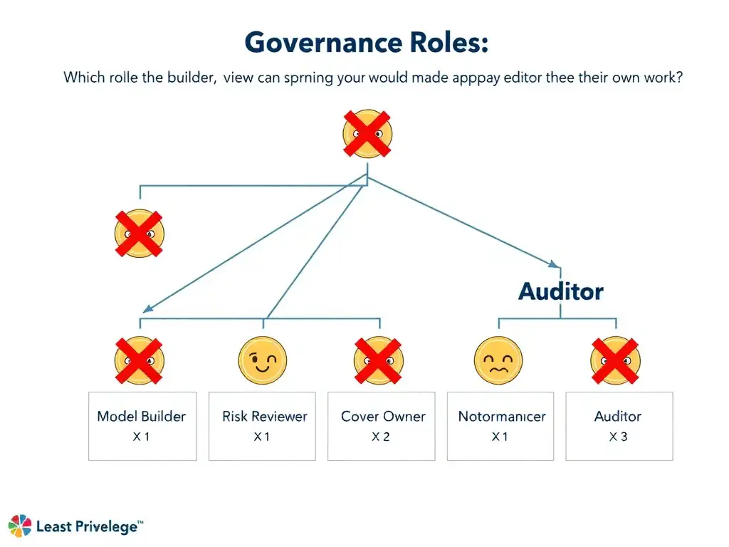 An org-chart style diagram showing three governance roles — Model Owner, Risk Reviewer, and Governance Admin — each with a distinct badge color and a list of permitted actions. Dotted red-X lines block cross-role actions (e.g., Model Owner cannot approve their own model; Governance Admin cannot modify evidence after sign-off). A contrast panel shows 'All-Owner Configuration' with a single badge for every person and a chaos icon, versus the structured role layout with a checkmark labeled 'Separation of Duties.'